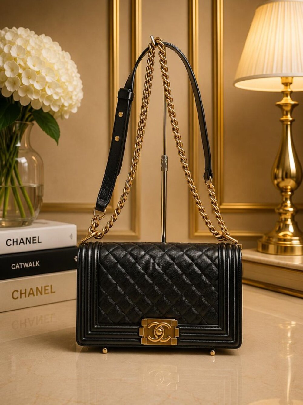 Authentic Chanel Boy Bag Black Caviar Leather Crossbody Purse